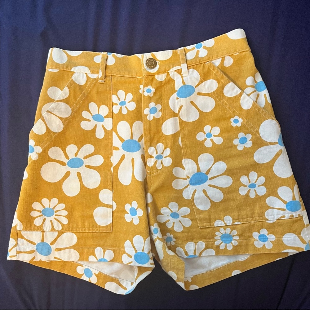 RARE Big Bud Press XL Lazy Daisy print Work Shorts Yellow - Small